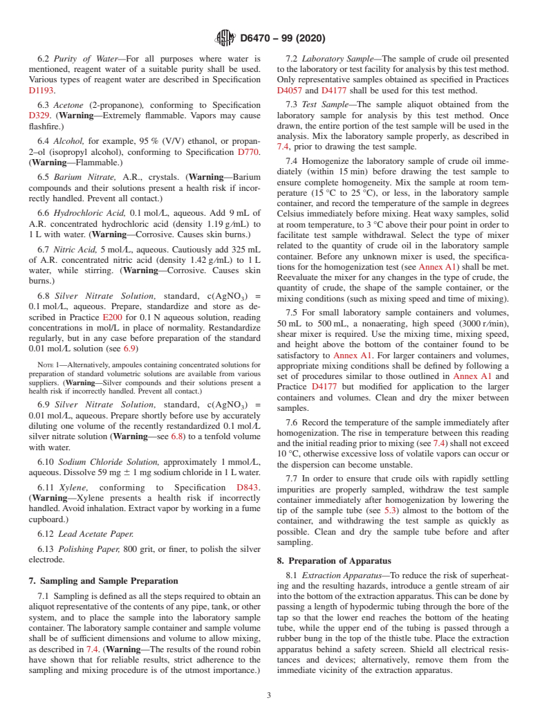 ASTM D6470-99(2020) - Standard Test Method for  Salt in Crude Oils (Potentiometric Method)