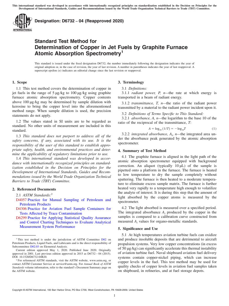 ASTM D6732-04(2020) - Standard Test Method for  Determination of Copper in Jet Fuels by Graphite Furnace Atomic   Absorption Spectrometry