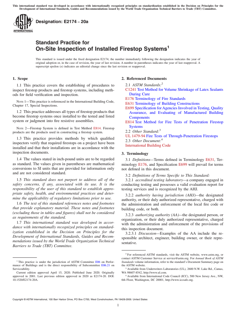 ASTM E2174-20a - Standard Practice for On-Site Inspection of Installed Firestop Systems