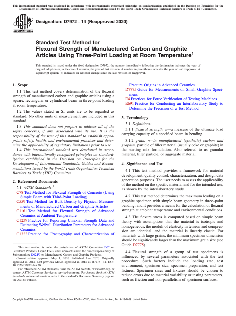 ASTM D7972-14(2020) - Standard Test Method for Flexural Strength of Manufactured Carbon and Graphite Articles  Using Three-Point Loading at Room Temperature