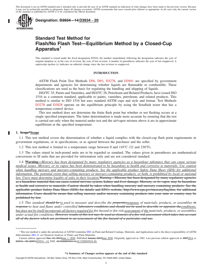 REDLINE ASTM D3934-20 - Standard Test Method for Flash/No Flash Test&#x2014;Equilibrium Method by a Closed-Cup   Apparatus