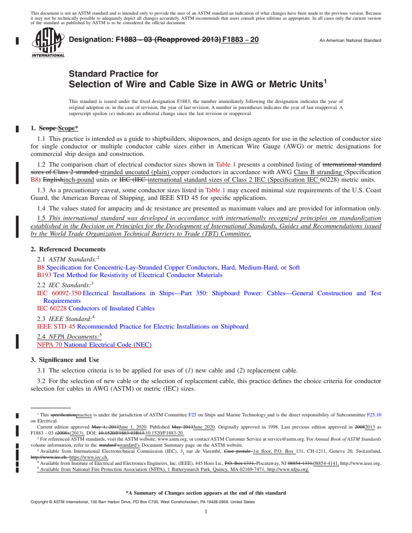 REDLINE ASTM F1883-20 - Standard Practice for  Selection of Wire and Cable Size in AWG or Metric Units