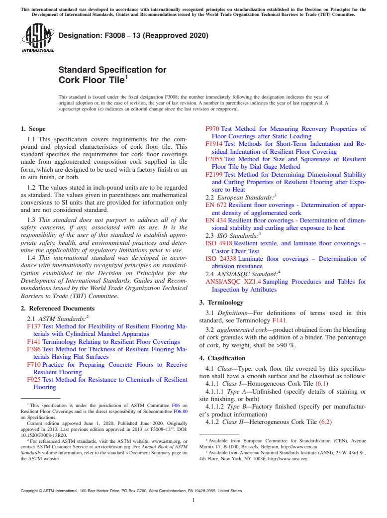 ASTM F3008-13(2020) - Standard Specification for Cork Floor Tile