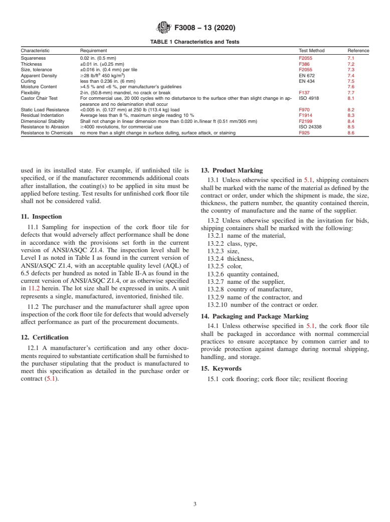 ASTM F3008-13(2020) - Standard Specification for Cork Floor Tile