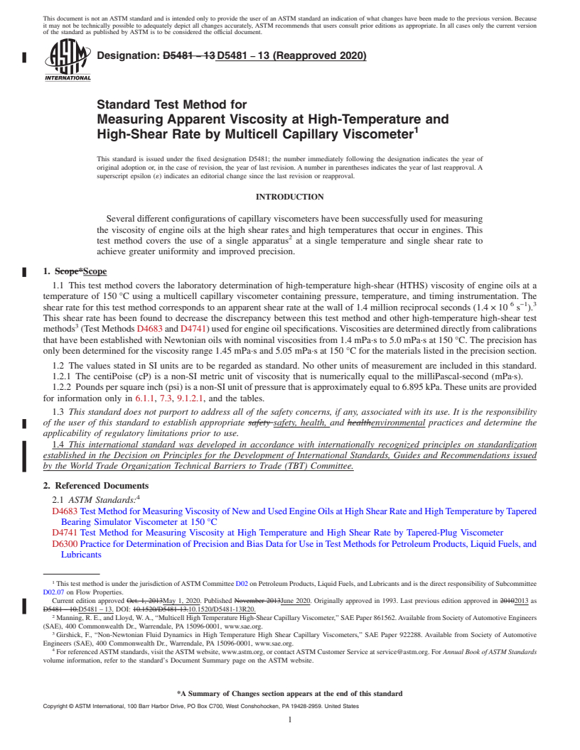 REDLINE ASTM D5481-13(2020) - Standard Test Method for  Measuring Apparent Viscosity at High-Temperature and High-Shear   Rate by Multicell Capillary Viscometer