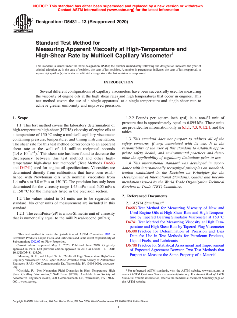 ASTM D5481-13(2020) - Standard Test Method for  Measuring Apparent Viscosity at High-Temperature and High-Shear   Rate by Multicell Capillary Viscometer