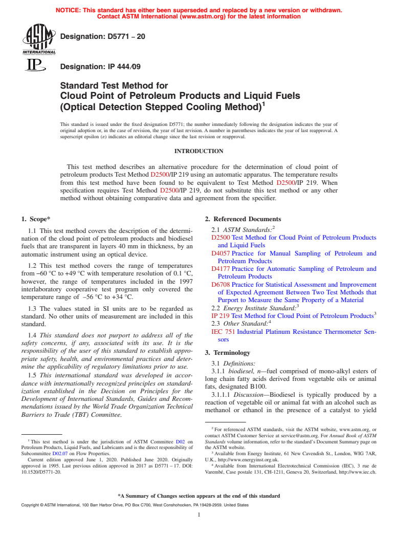 ASTM D5771-20 - Standard Test Method for Cloud Point of Petroleum Products and Liquid Fuels (Optical  Detection Stepped Cooling Method)