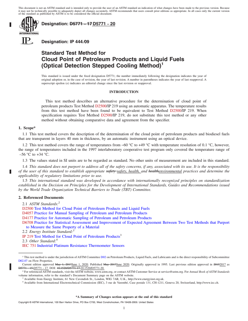 REDLINE ASTM D5771-20 - Standard Test Method for Cloud Point of Petroleum Products and Liquid Fuels (Optical  Detection Stepped Cooling Method)