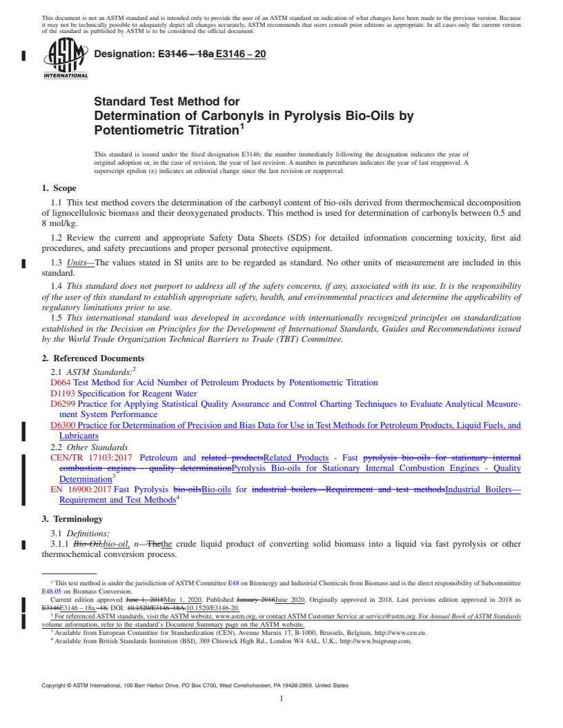 REDLINE ASTM E3146-20 - Standard Test Method for Determination of Carbonyls in Pyrolysis Bio-Oils by Potentiometric  Titration