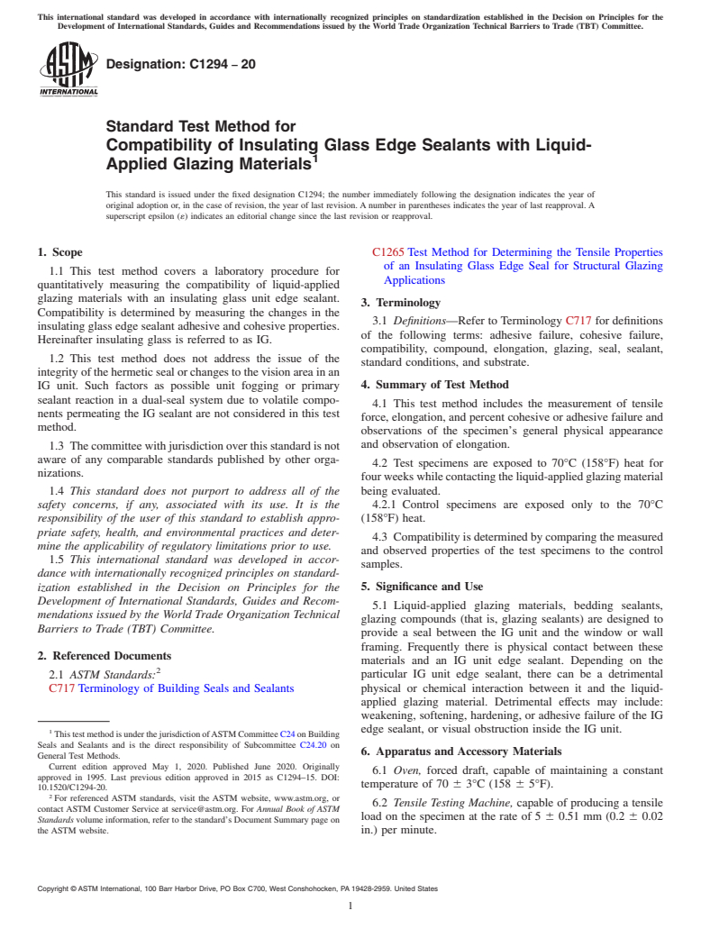 ASTM C1294-20 - Standard Test Method for  Compatibility of Insulating Glass Edge Sealants with Liquid-Applied  Glazing Materials