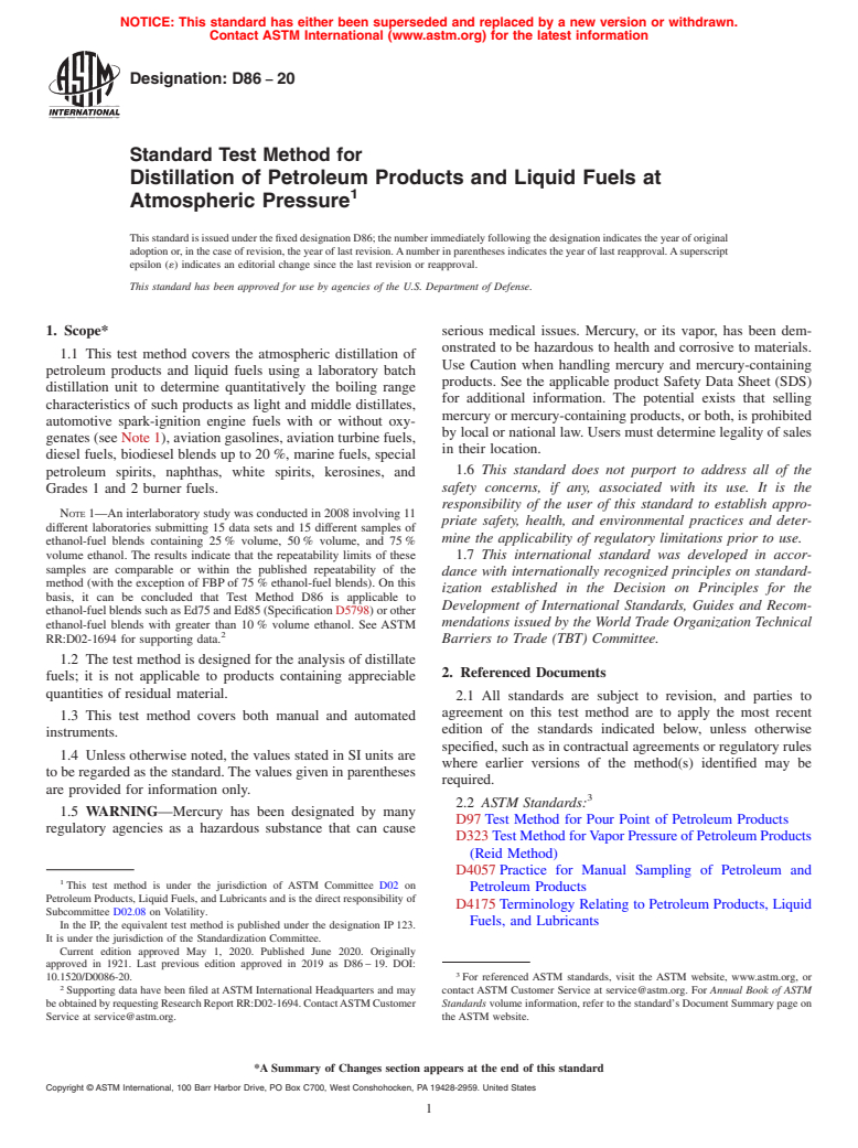 ASTM D86-20 - Standard Test Method for Distillation of Petroleum Products and Liquid Fuels at Atmospheric  Pressure