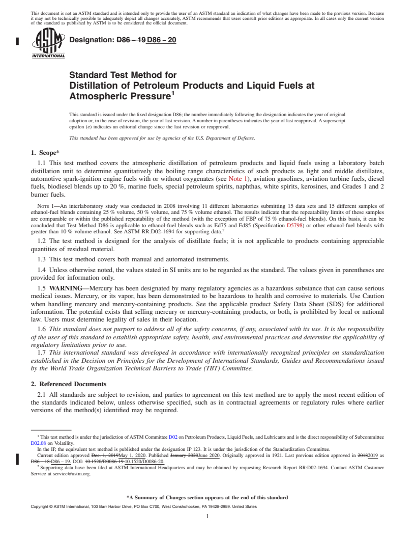 REDLINE ASTM D86-20 - Standard Test Method for Distillation of Petroleum Products and Liquid Fuels at Atmospheric  Pressure