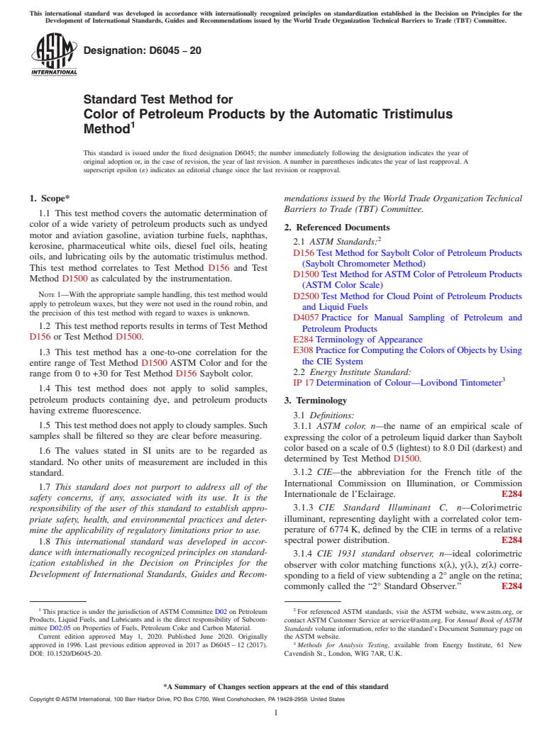 ASTM D6045-20 - Standard Test Method for Color of Petroleum Products by the Automatic Tristimulus Method