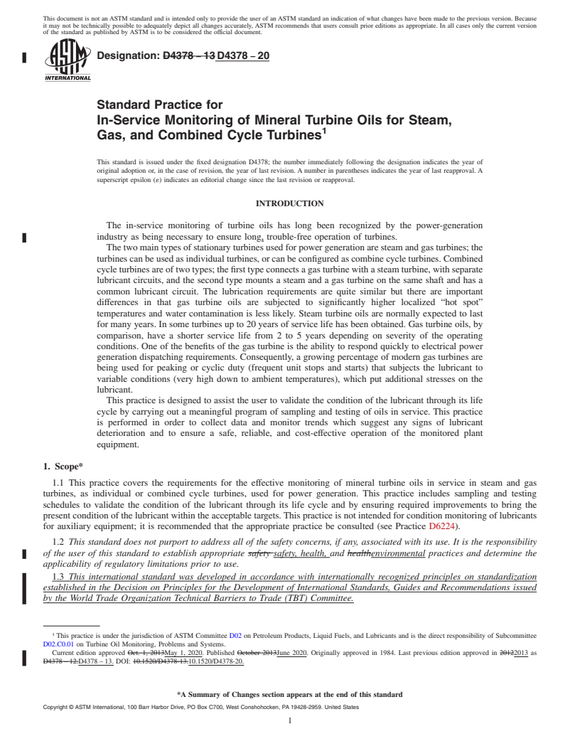 REDLINE ASTM D4378-20 - Standard Practice for In-Service Monitoring of Mineral Turbine Oils for Steam, Gas,  and Combined Cycle Turbines