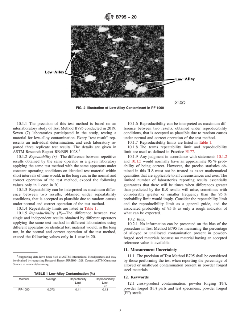 ASTM B795-20 - Standard Test Method for  Determining the Percentage of Alloyed or Unalloyed Iron Contamination  Present in Powder Forged (PF) Steel Materials