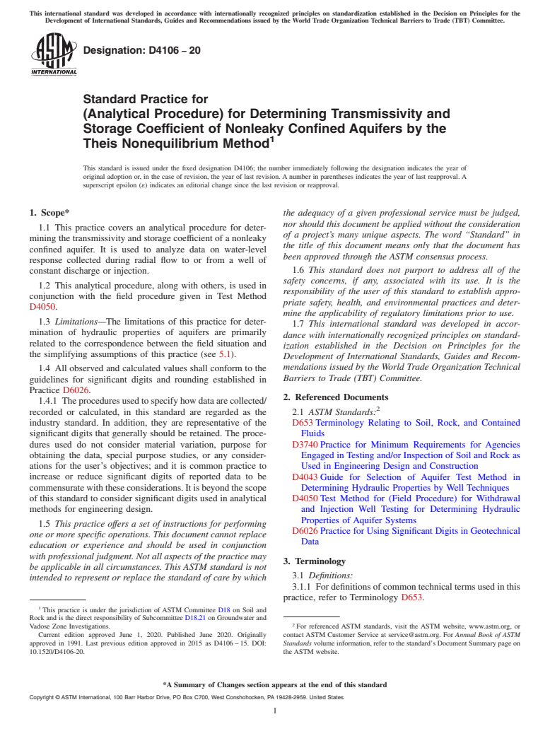 ASTM D4106-20 - Standard Practice for (Analytical Procedure) for Determining Transmissivity and Storage  Coefficient of Nonleaky Confined Aquifers by the Theis Nonequilibrium  Method