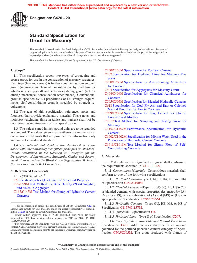 ASTM C476-20 - Standard Specification for  Grout for Masonry