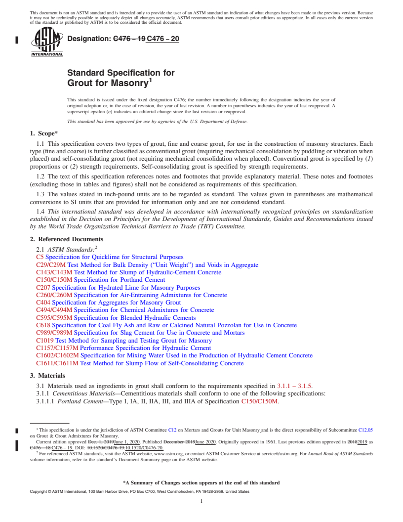 REDLINE ASTM C476-20 - Standard Specification for  Grout for Masonry