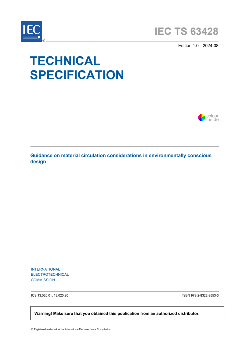 IEC TS 63428:2024 - Guidance on material circulation considerations in environmentally conscious design
Released:23. 08. 2024
Isbn:9782832295533