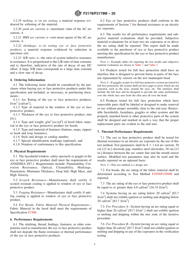 ASTM F2178/F2178M-20 - Standard Specification for  Arc Rated Eye or Face Protective Products