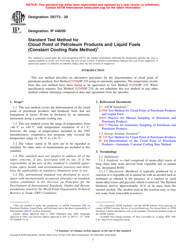 ASTM D5773-20 - Standard Test Method for  Cloud Point of Petroleum Products and Liquid Fuels (Constant  Cooling Rate Method)