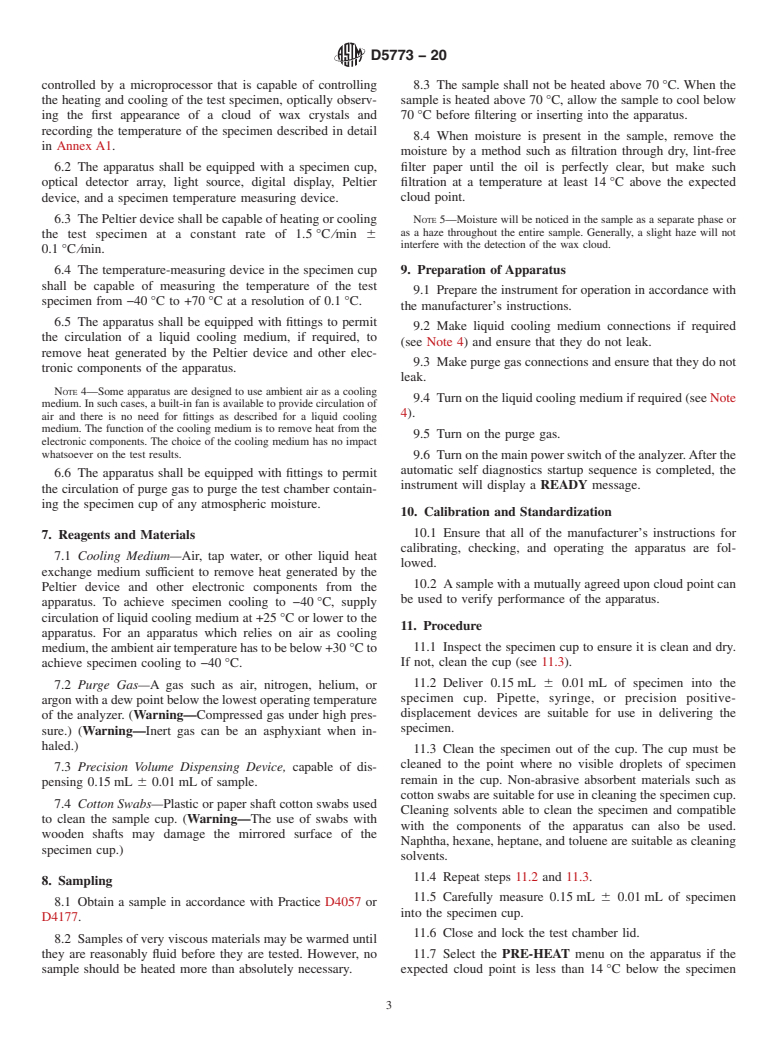 ASTM D5773-20 - Standard Test Method for  Cloud Point of Petroleum Products and Liquid Fuels (Constant  Cooling Rate Method)