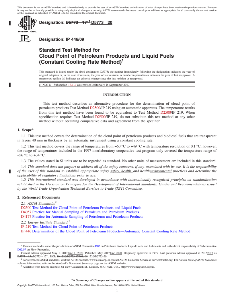 REDLINE ASTM D5773-20 - Standard Test Method for  Cloud Point of Petroleum Products and Liquid Fuels (Constant  Cooling Rate Method)