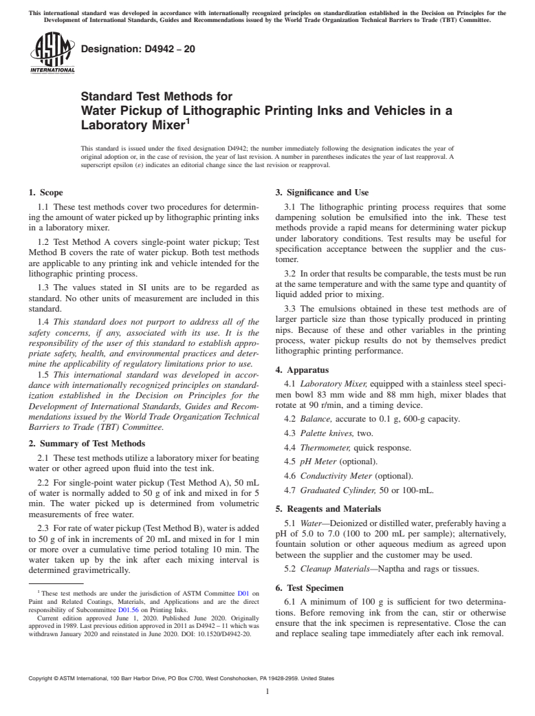 ASTM D4942-20 - Standard Test Methods for  Water Pickup of Lithographic Printing Inks and Vehicles in   a Laboratory  Mixer