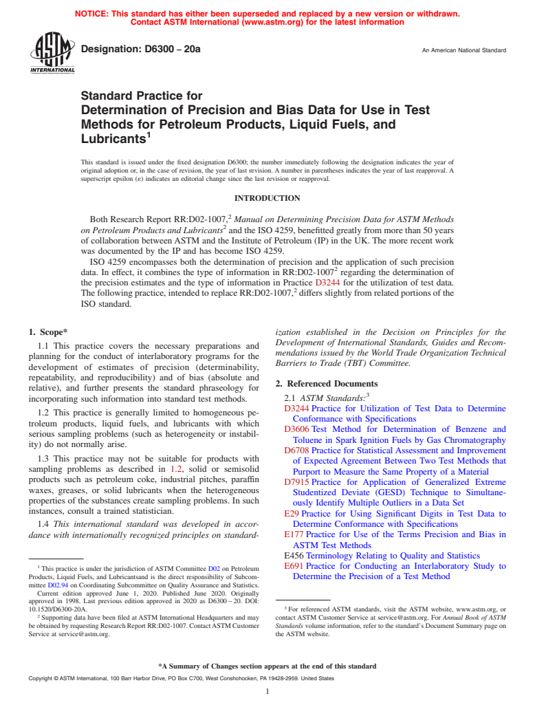 ASTM D6300-20a - Standard Practice for  Determination of Precision and Bias Data for Use in Test Methods   for Petroleum Products, Liquid Fuels, and Lubricants