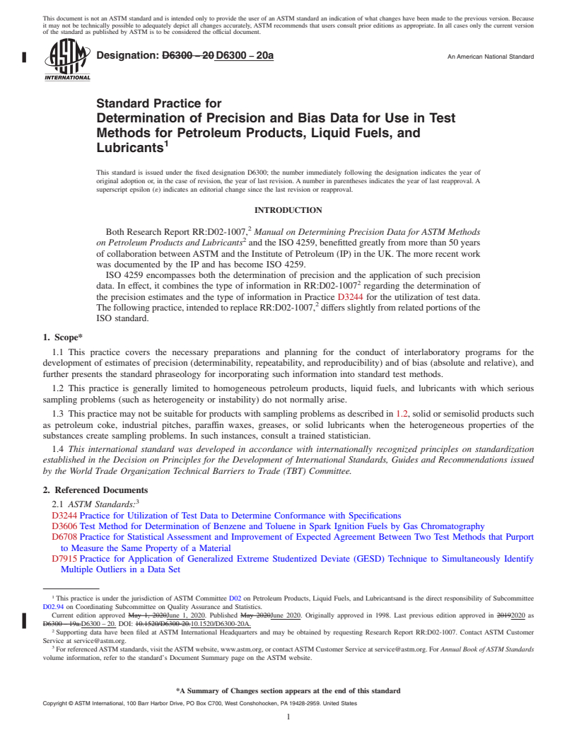 REDLINE ASTM D6300-20a - Standard Practice for  Determination of Precision and Bias Data for Use in Test Methods   for Petroleum Products, Liquid Fuels, and Lubricants