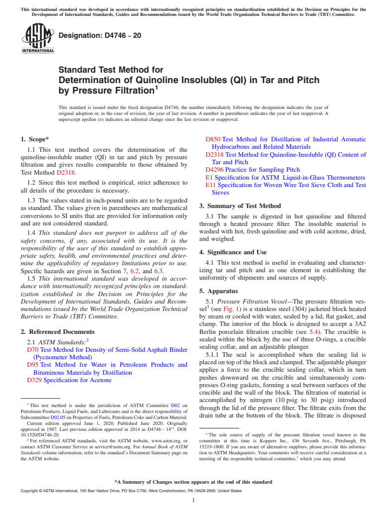 ASTM D4746-20 - Standard Test Method for  Determination of Quinoline Insolubles (QI) in Tar and Pitch  by Pressure Filtration