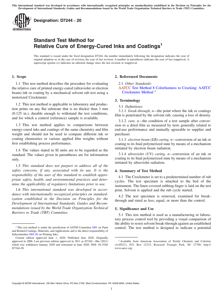 ASTM D7244-20 - Standard Test Method for Relative Cure of Energy-Cured Inks and Coatings