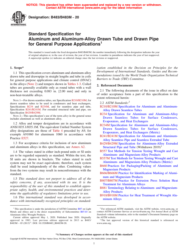 ASTM B483/B483M-20 - Standard Specification for Aluminum and Aluminum-Alloy Drawn Tube and Drawn Pipe for General  Purpose Applications