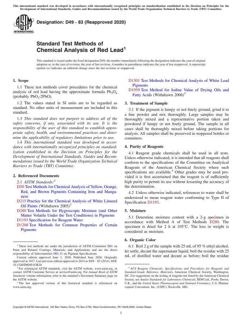ASTM D49-83(2020) - Standard Test Methods of Chemical Analysis of Red Lead