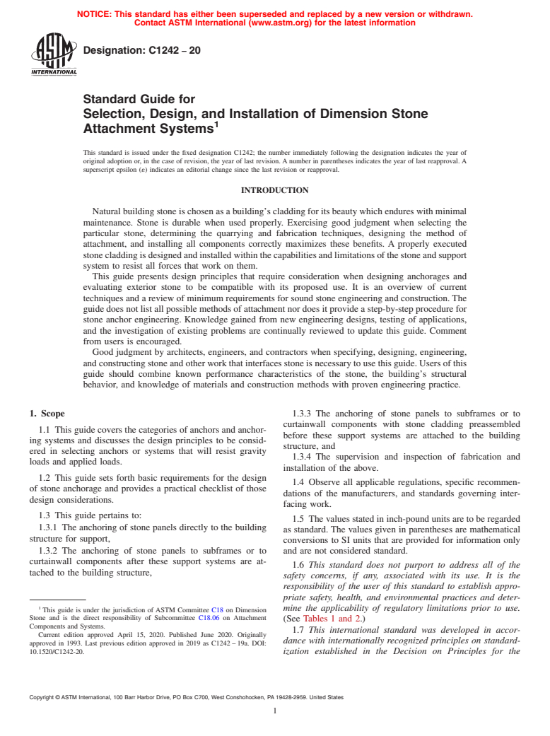 ASTM C1242-20 - Standard Guide for  Selection, Design, and Installation of Dimension Stone Attachment  Systems