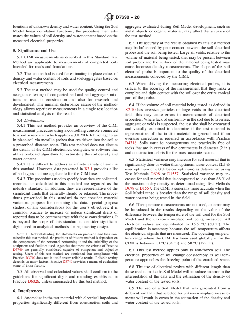 ASTM D7698-20 - Standard Test Method for In-Place Estimation of Density and Water Content of Soil and  Aggregate by Correlation with Complex Impedance Method