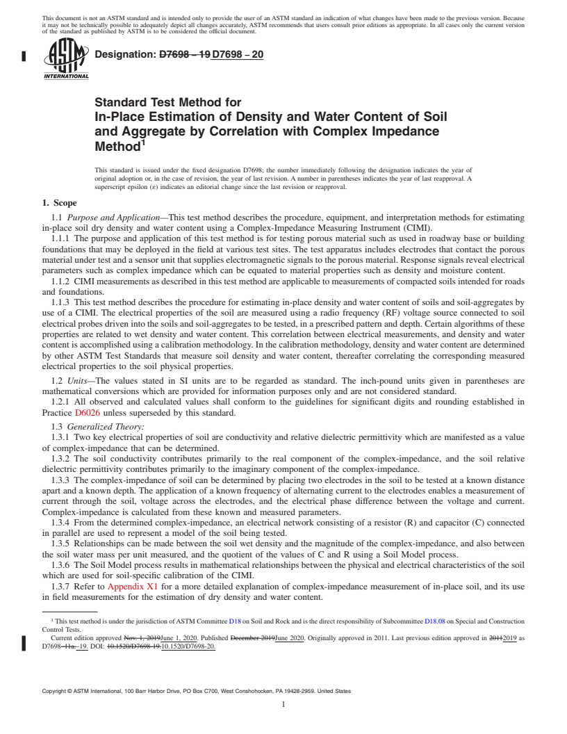 REDLINE ASTM D7698-20 - Standard Test Method for In-Place Estimation of Density and Water Content of Soil and  Aggregate by Correlation with Complex Impedance Method