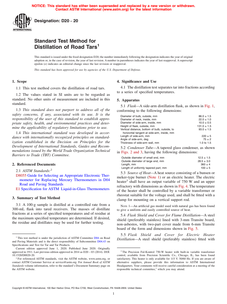 ASTM D20-20 - Standard Test Method for Distillation of Road Tars (Withdrawn 2023)