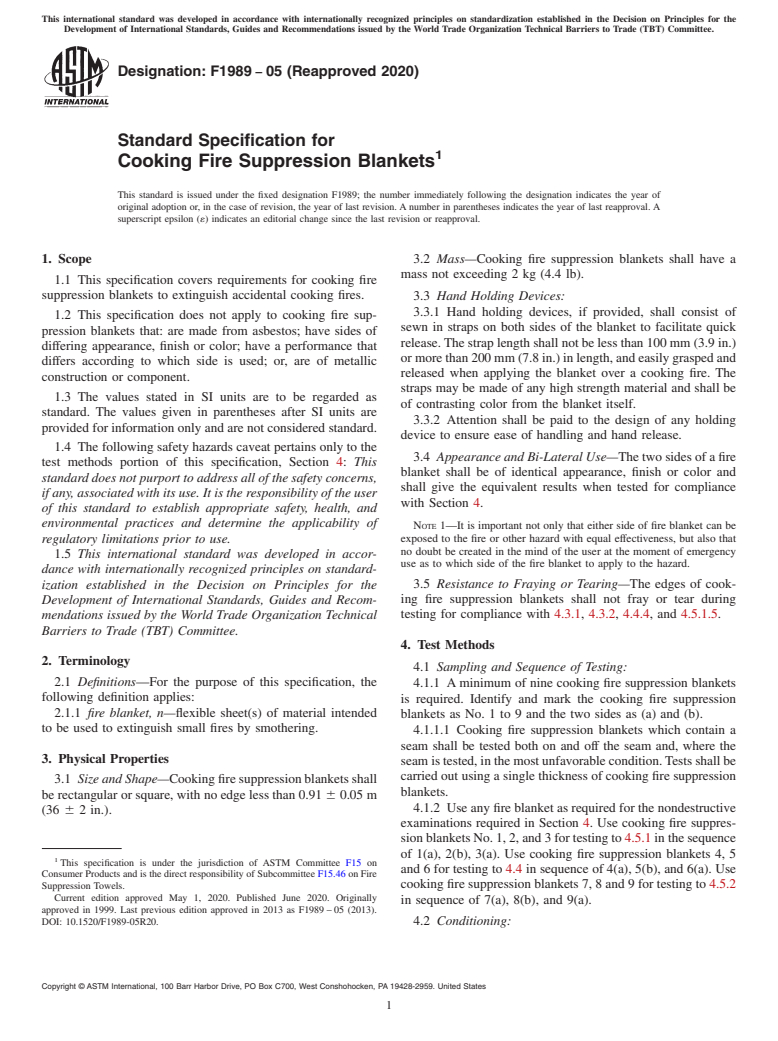 ASTM F1989-05(2020) - Standard Specification for Cooking Fire Suppression Blankets