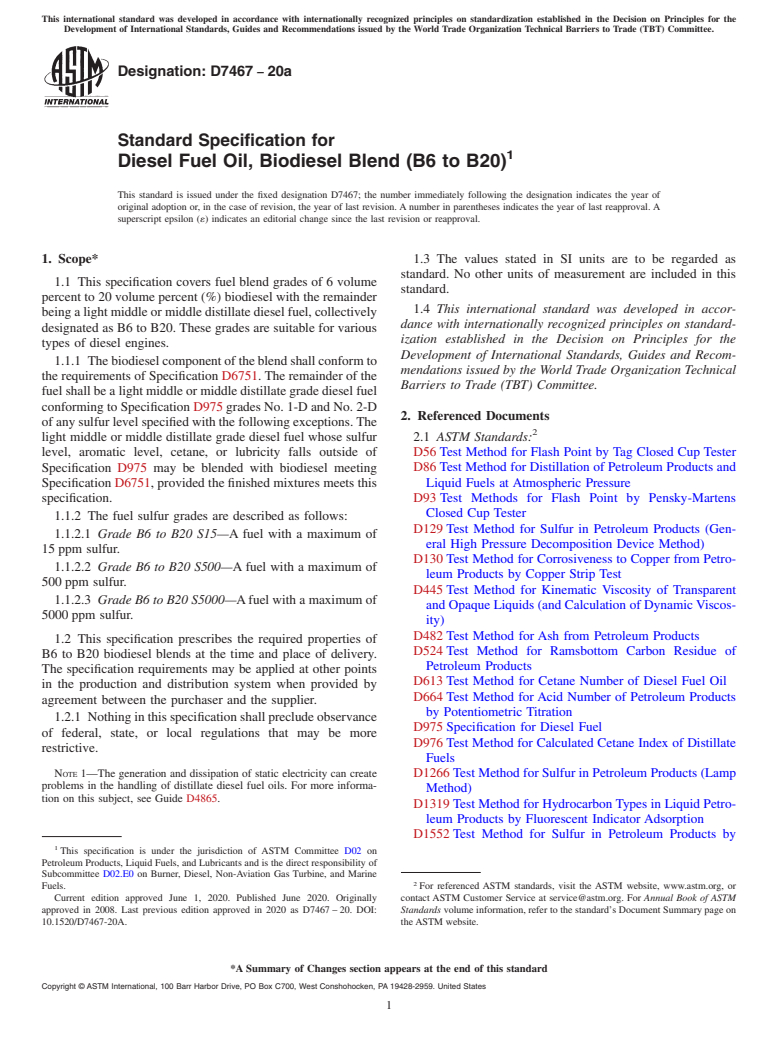 ASTM D7467-20a - Standard Specification for  Diesel Fuel Oil, Biodiesel Blend (B6 to B20)
