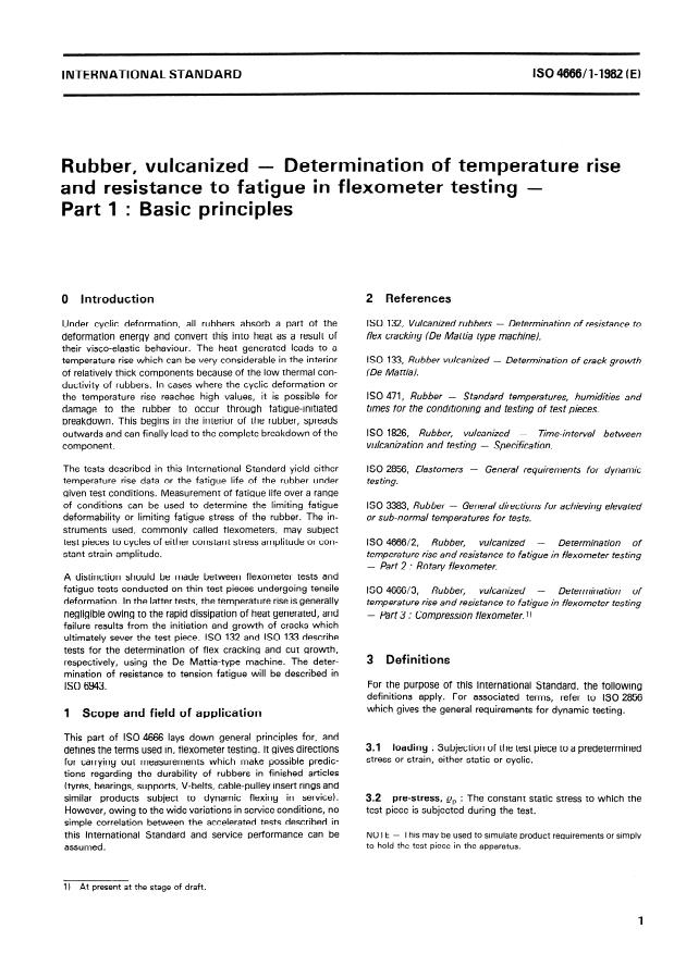 ISO 4666-1:1982 - Rubber, vulcanized -- Determination of temperature rise and resistance to fatigue in flexometer testing