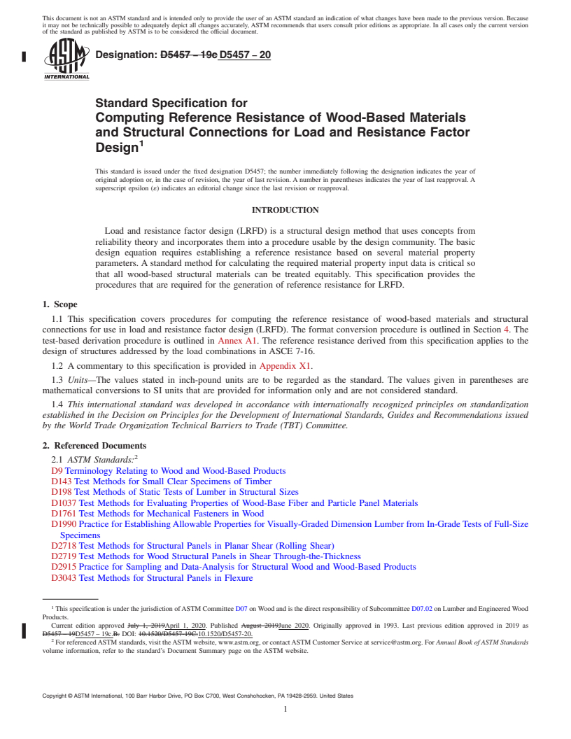 REDLINE ASTM D5457-20 - Standard Specification for Computing Reference Resistance of Wood-Based Materials and  Structural Connections for Load and Resistance Factor Design