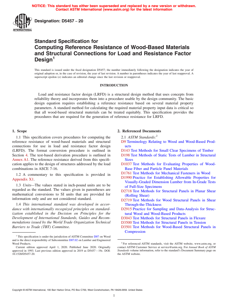 ASTM D5457-20 - Standard Specification for Computing Reference Resistance of Wood-Based Materials and  Structural Connections for Load and Resistance Factor Design