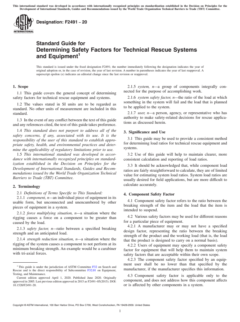 ASTM F2491-20 - Standard Guide for  Determining Safety Factors for Technical Rescue Systems and  Equipment