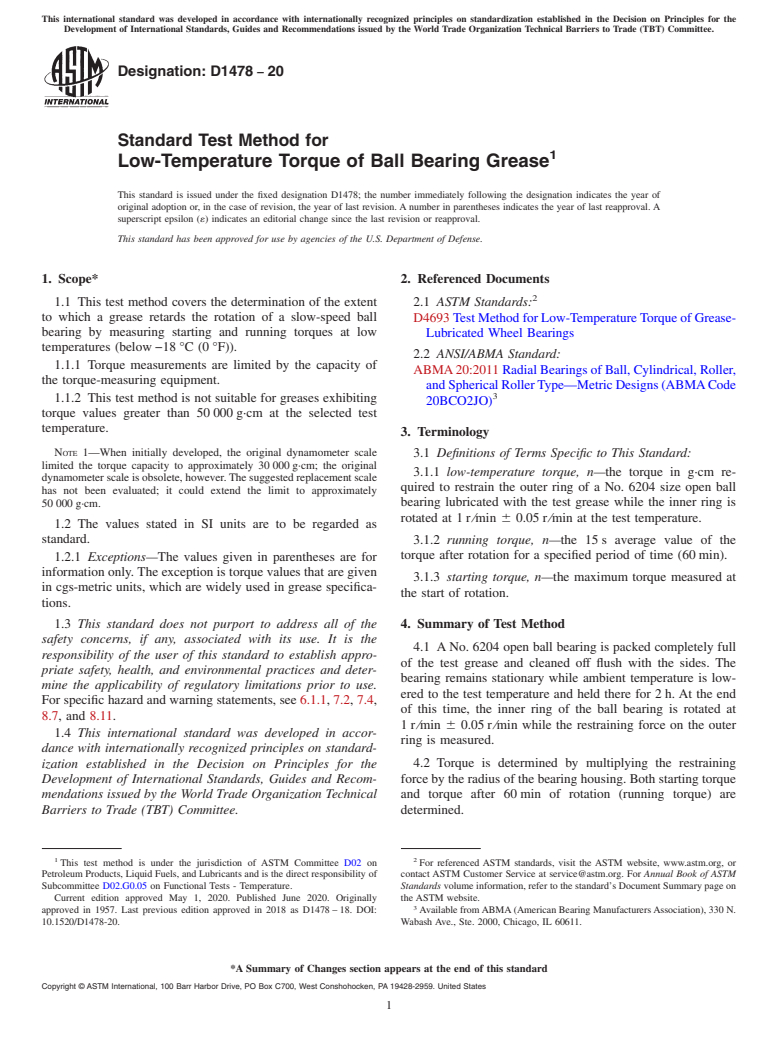 ASTM D1478-20 - Standard Test Method for  Low-Temperature Torque of Ball Bearing Grease