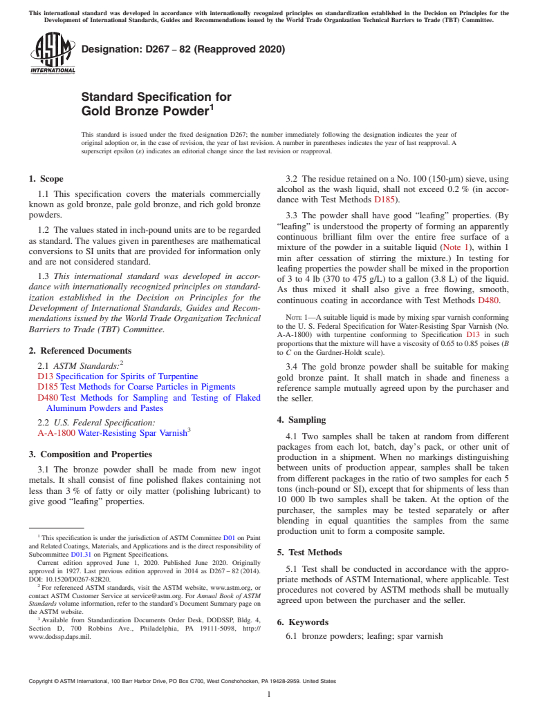 ASTM D267-82(2020) - Standard Specification for Gold Bronze Powder