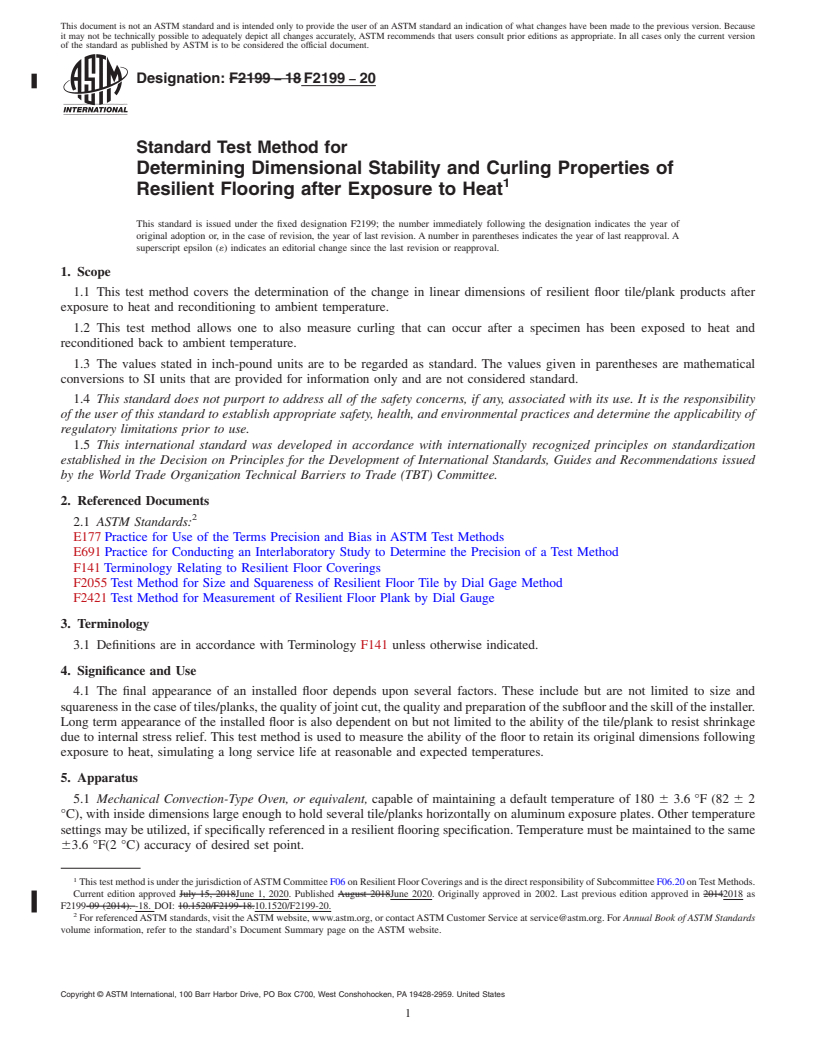 REDLINE ASTM F2199-20 - Standard Test Method for  Determining Dimensional Stability and Curling Properties of  Resilient Flooring after Exposure to Heat