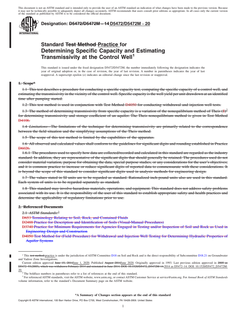 REDLINE ASTM D5472/D5472M-20 - Standard Practice for Determining Specific Capacity and Estimating Transmissivity  at the Control Well