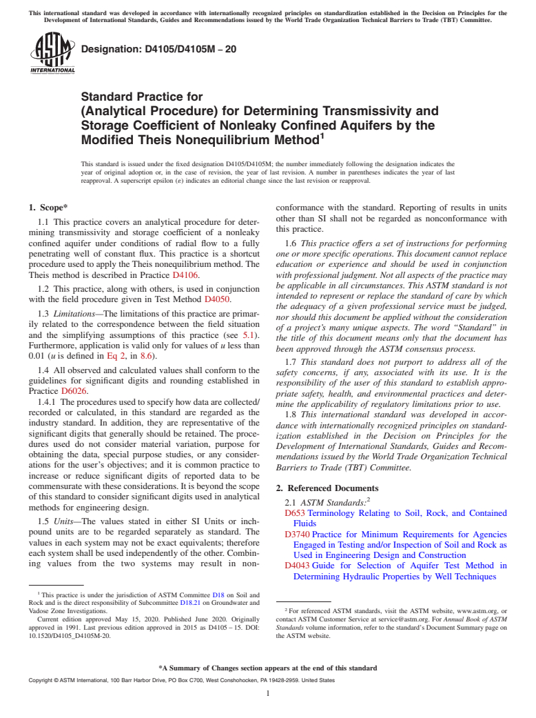 ASTM D4105/D4105M-20 - Standard Practice for (Analytical Procedure) for Determining Transmissivity and Storage  Coefficient of Nonleaky Confined Aquifers by the Modified Theis Nonequilibrium  Method