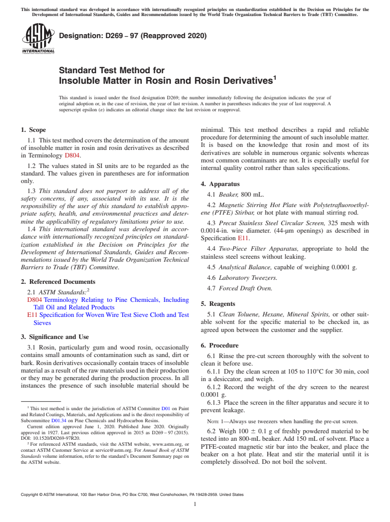 ASTM D269-97(2020) - Standard Test Method for Insoluble Matter in Rosin and Rosin Derivatives